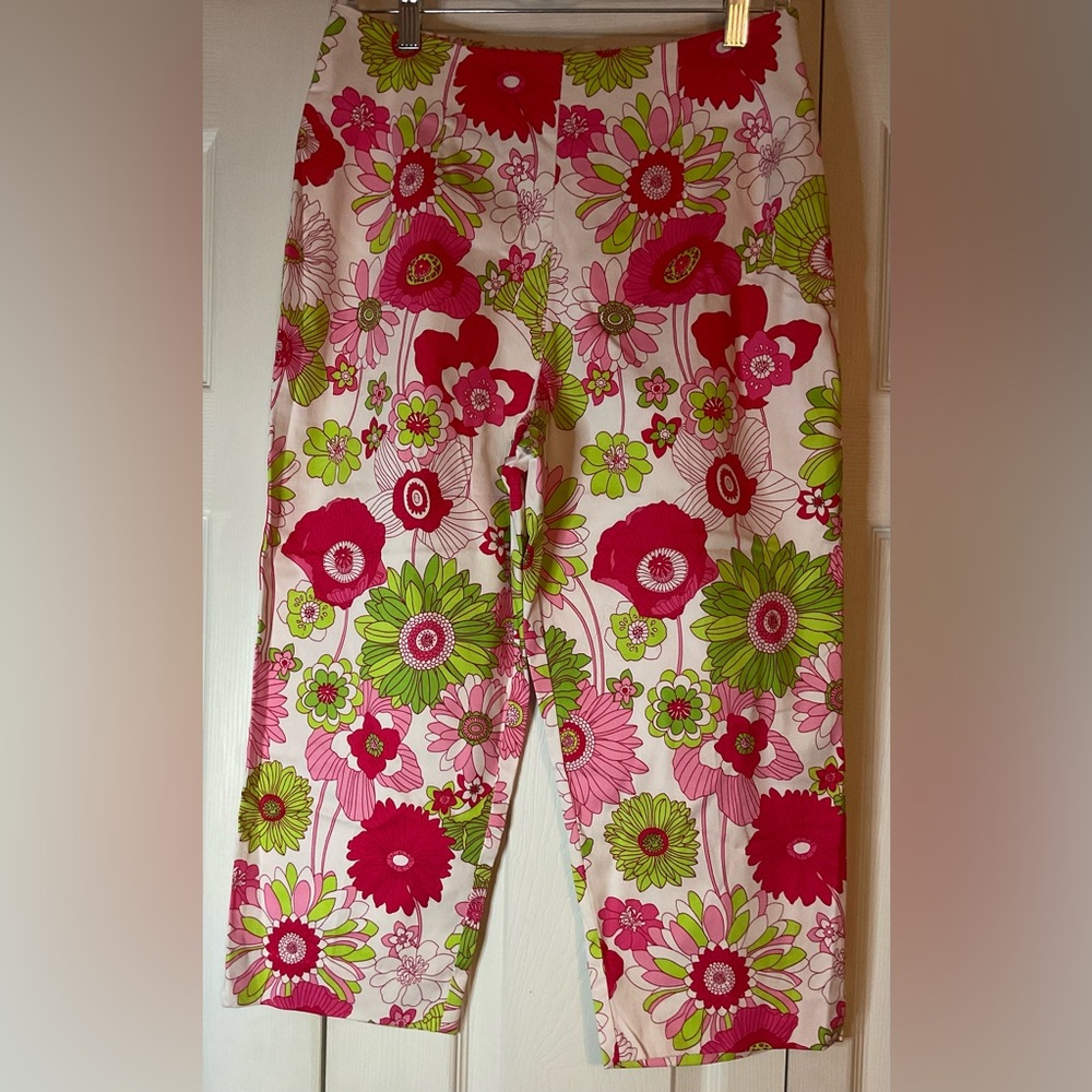 Briggs Pink Green Floral‎ Capri Pants Size 10 Petite New Easy Care